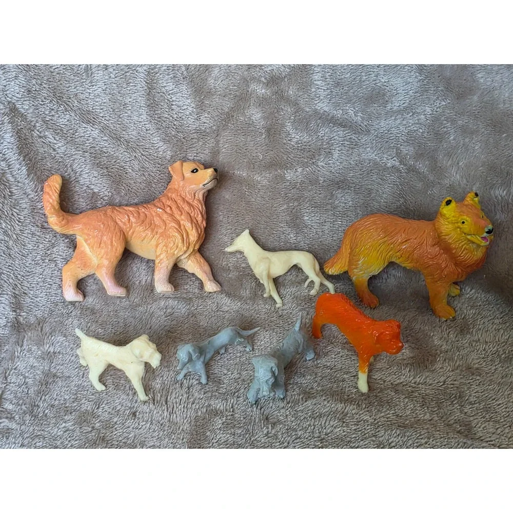 Vintage Plastic Dog Figurines Lot of 7 Golden Retriever Collie Greyhound Toys